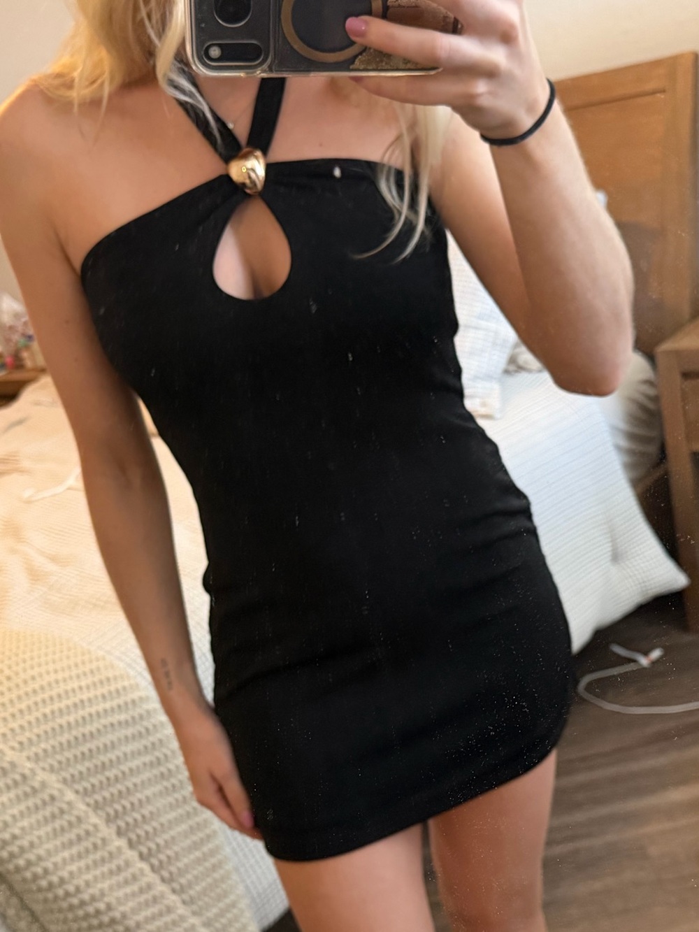 Blue Blush Black Halter Mini Dress with Gold Ring Accent